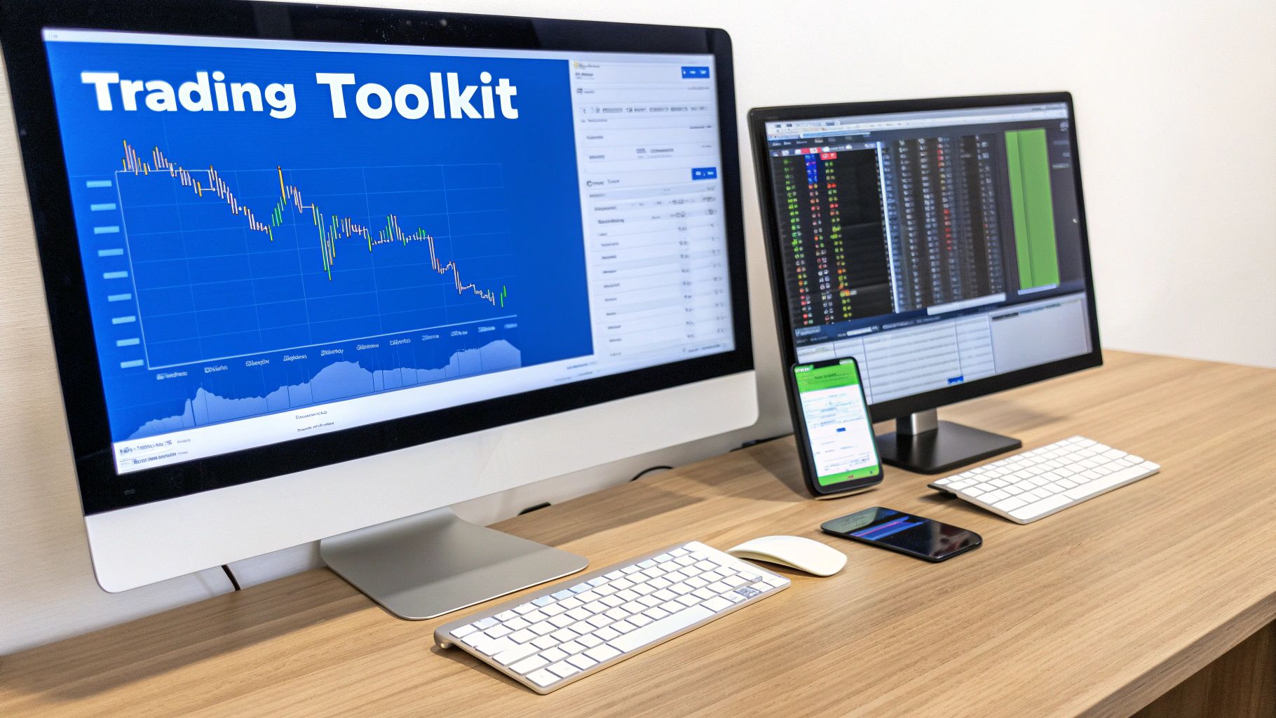 Professional trading toolkit displaying stock charts and market data on multiple computer monitors