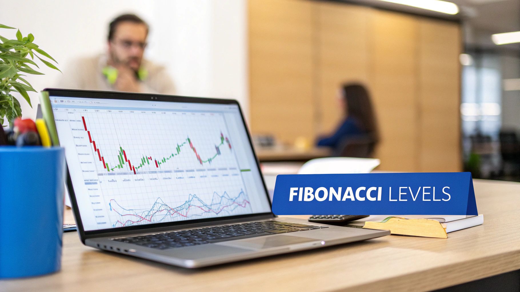 A financial chart showing Fibonacci retracement levels drawn on a price trend, illustrating potential support and resistance zones.