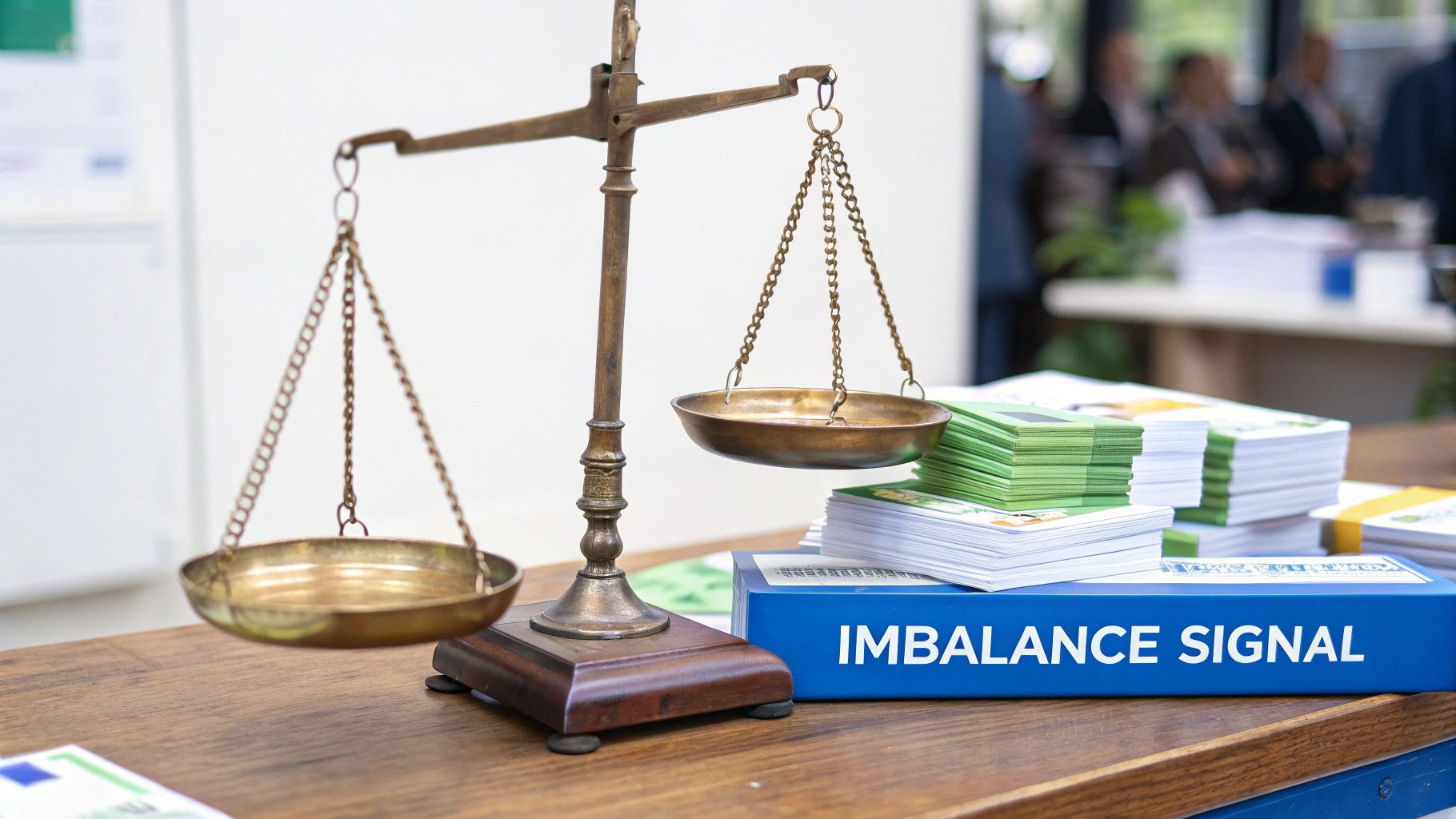 An antique brass balance scale with one pan noticeably lower, next to stacks of paper and a blue folder labeled 'IMBALANCE SIGNAL'.