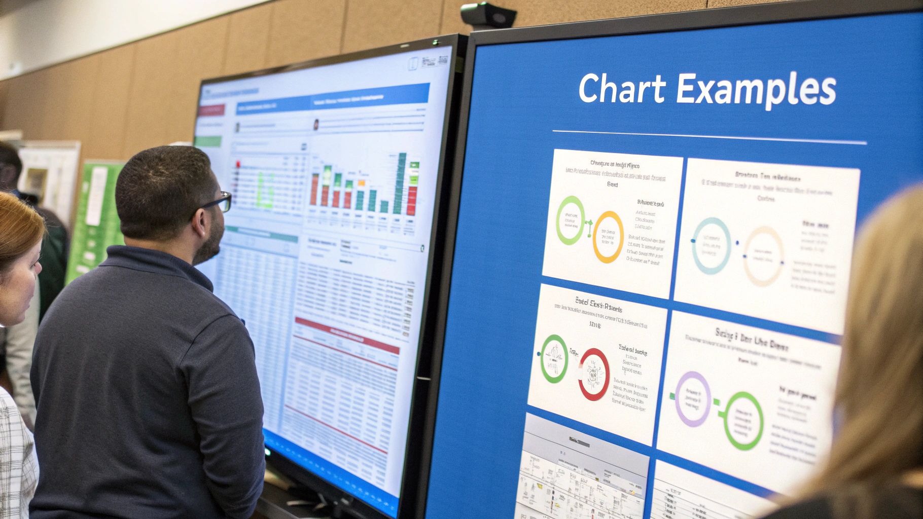 Two people view large monitors displaying data dashboards and chart examples in an office setting.