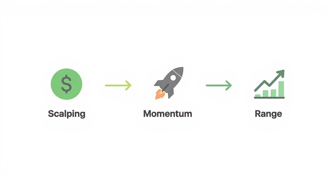 Three trading strategy stages showing scalping with dollar sign, momentum with rocket, and range with growth chart