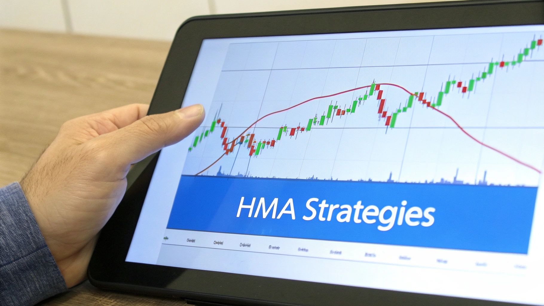 A hand holds a tablet displaying a financial trading chart with 'HMA Strategies' text.
