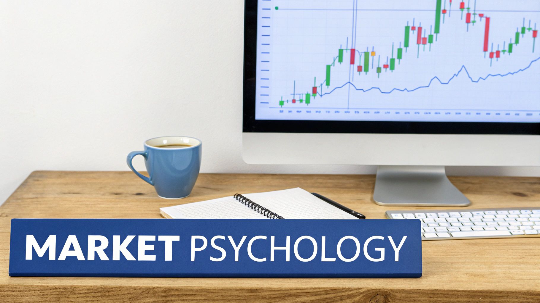 A blue 'MARKET PSYCHOLOGY' sign on a wooden desk with a computer displaying a stock chart.