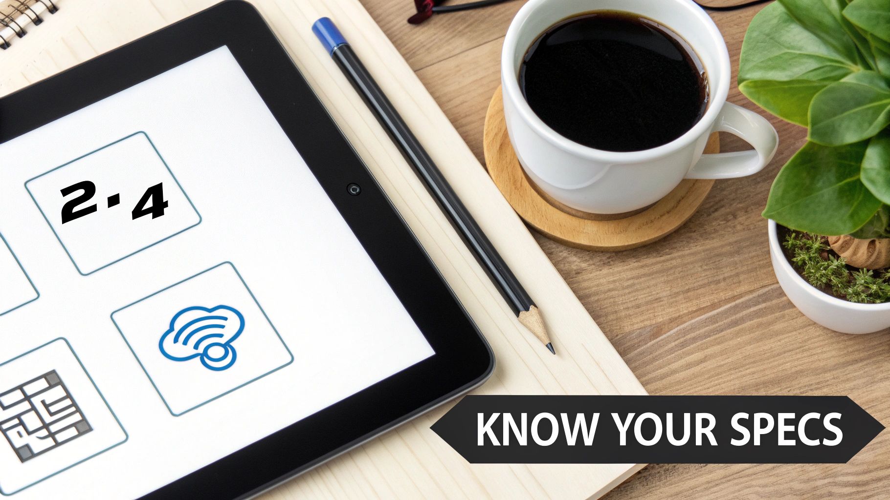 A tablet displaying technical specs (2.4, Wi-Fi icon) on a wooden desk with coffee and a plant.