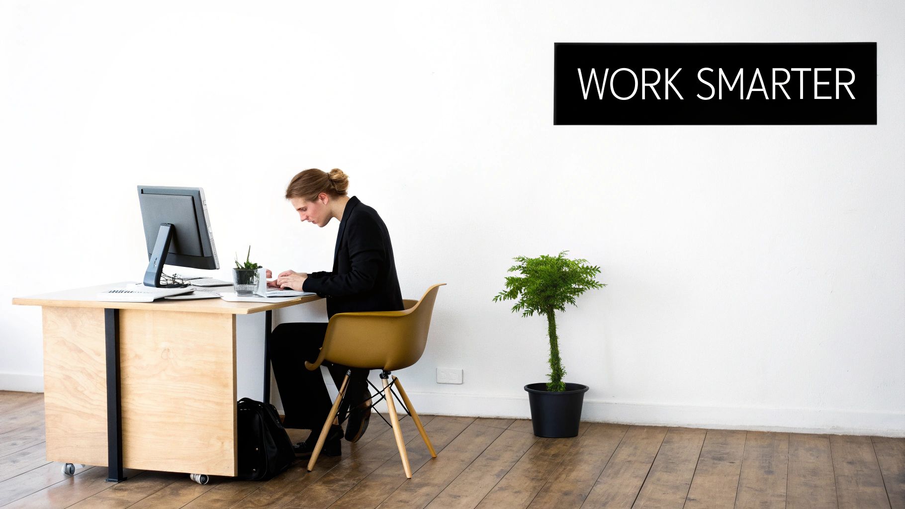 A woman works diligently at a computer desk in a bright, minimalist office with a plant.