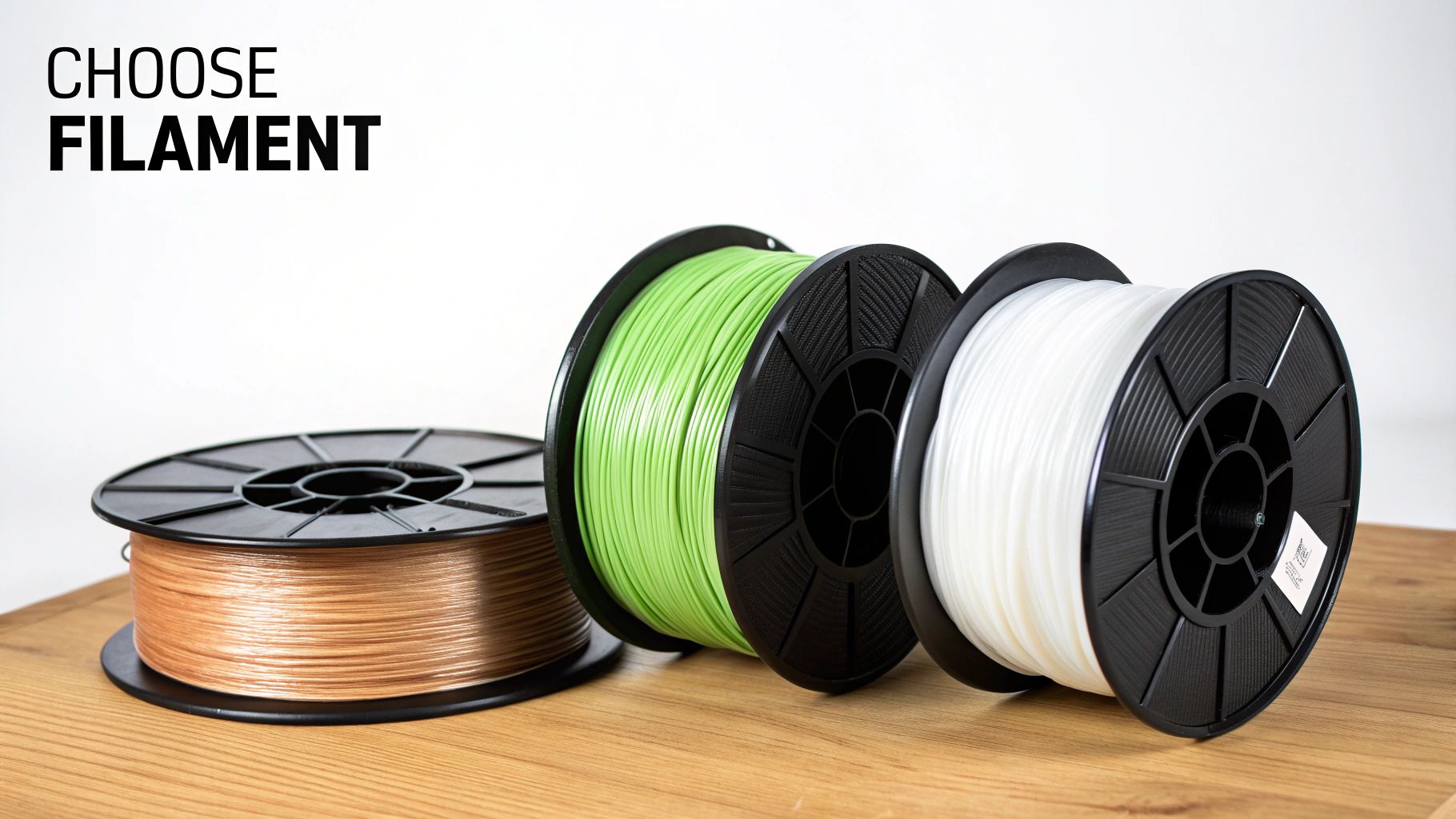 Three colorful spools of 3D printer filament in bronze, green, and white on a wooden surface.