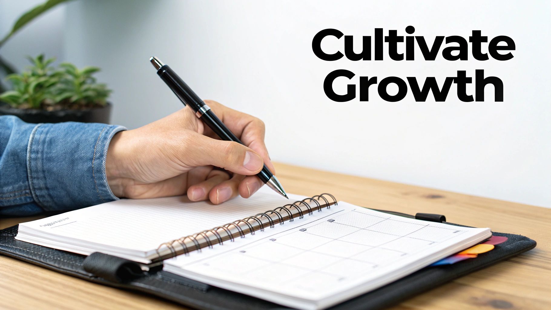A person's hand in a denim shirt writes in a spiral planner on a wooden desk, with "Cultivate Growth" text.