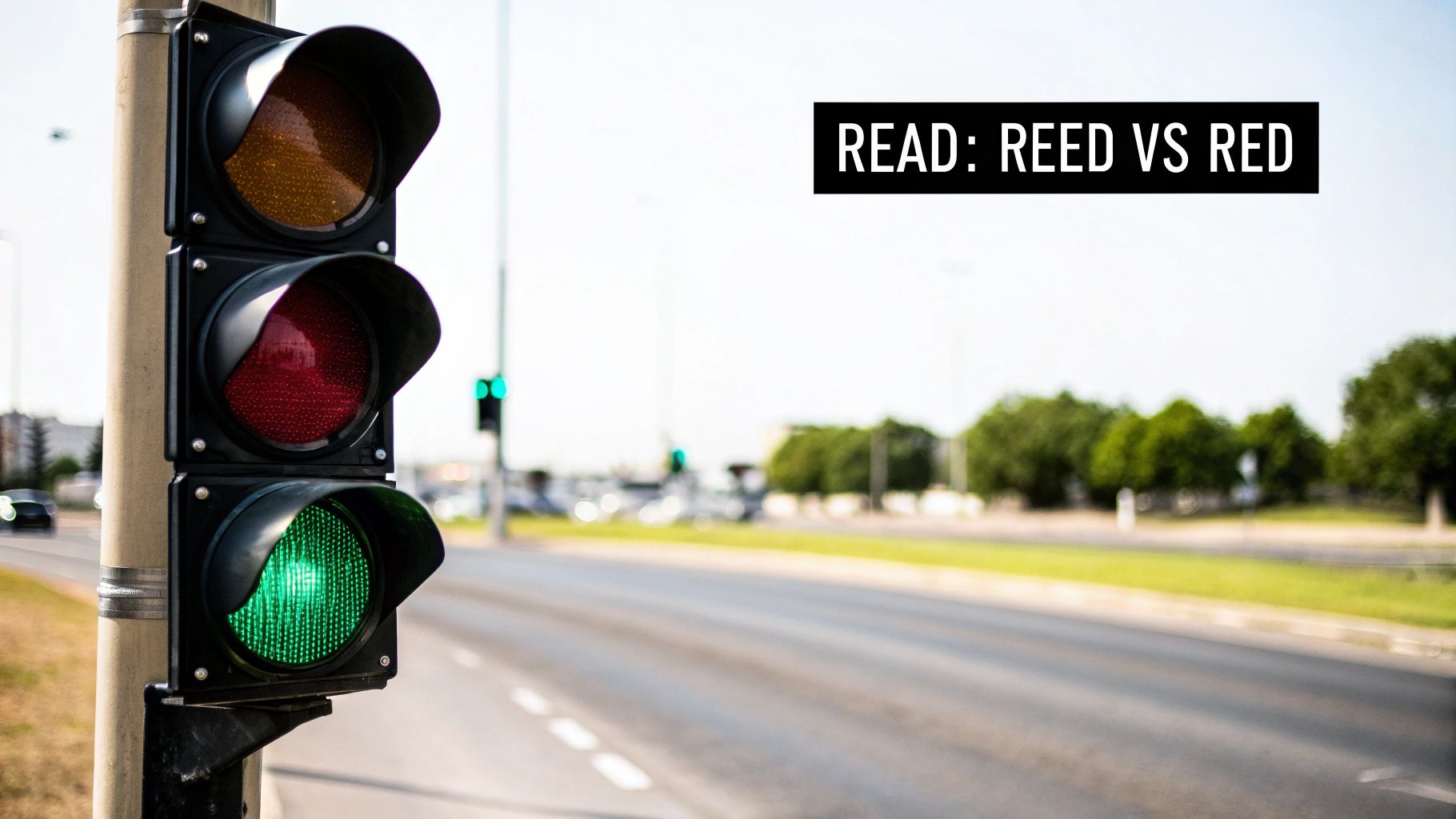 A close-up of a traffic light with red and green lights on, next to a road, with text 'READ: REED VS RED'.