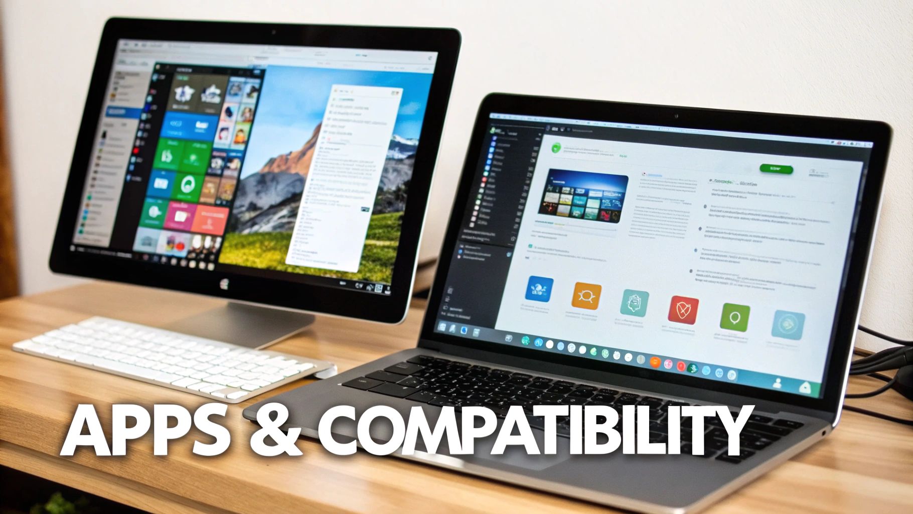 Two computers, a monitor and a laptop, display different operating systems and applications.