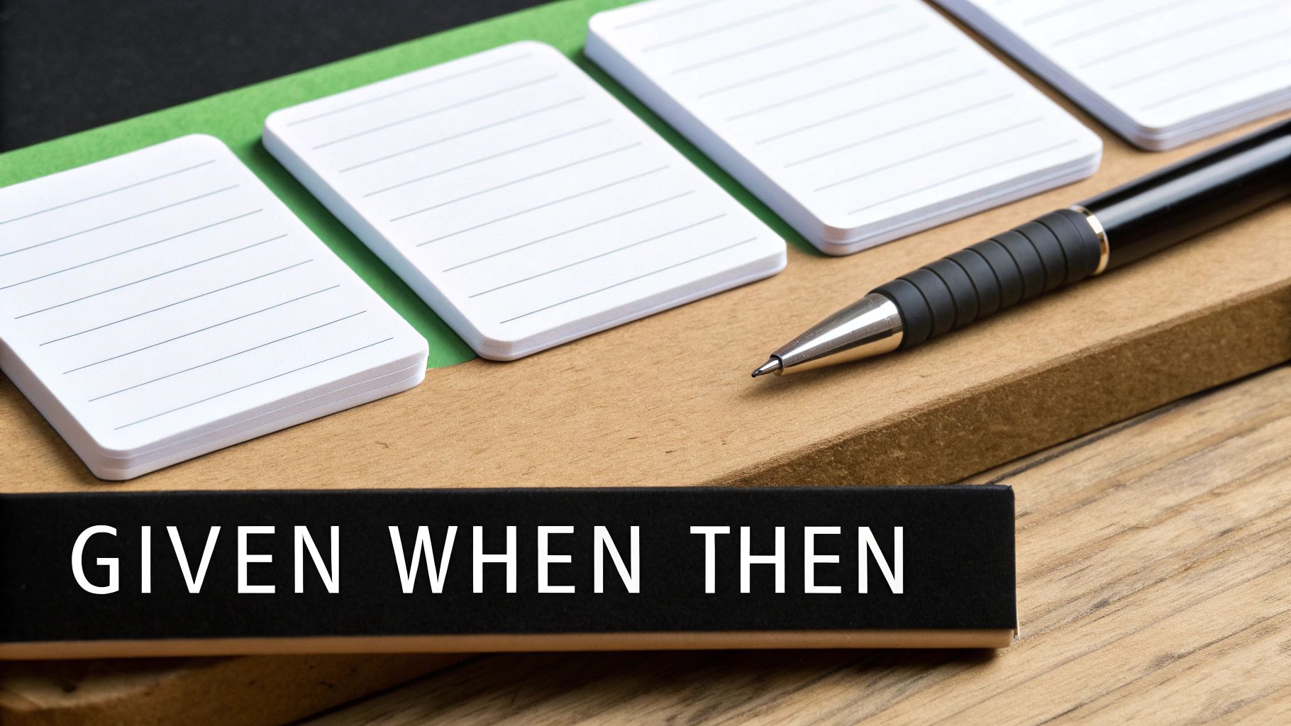 Close-up of a black pen, white lined cards, and a 'GIVEN WHEN THEN' sign on wood.