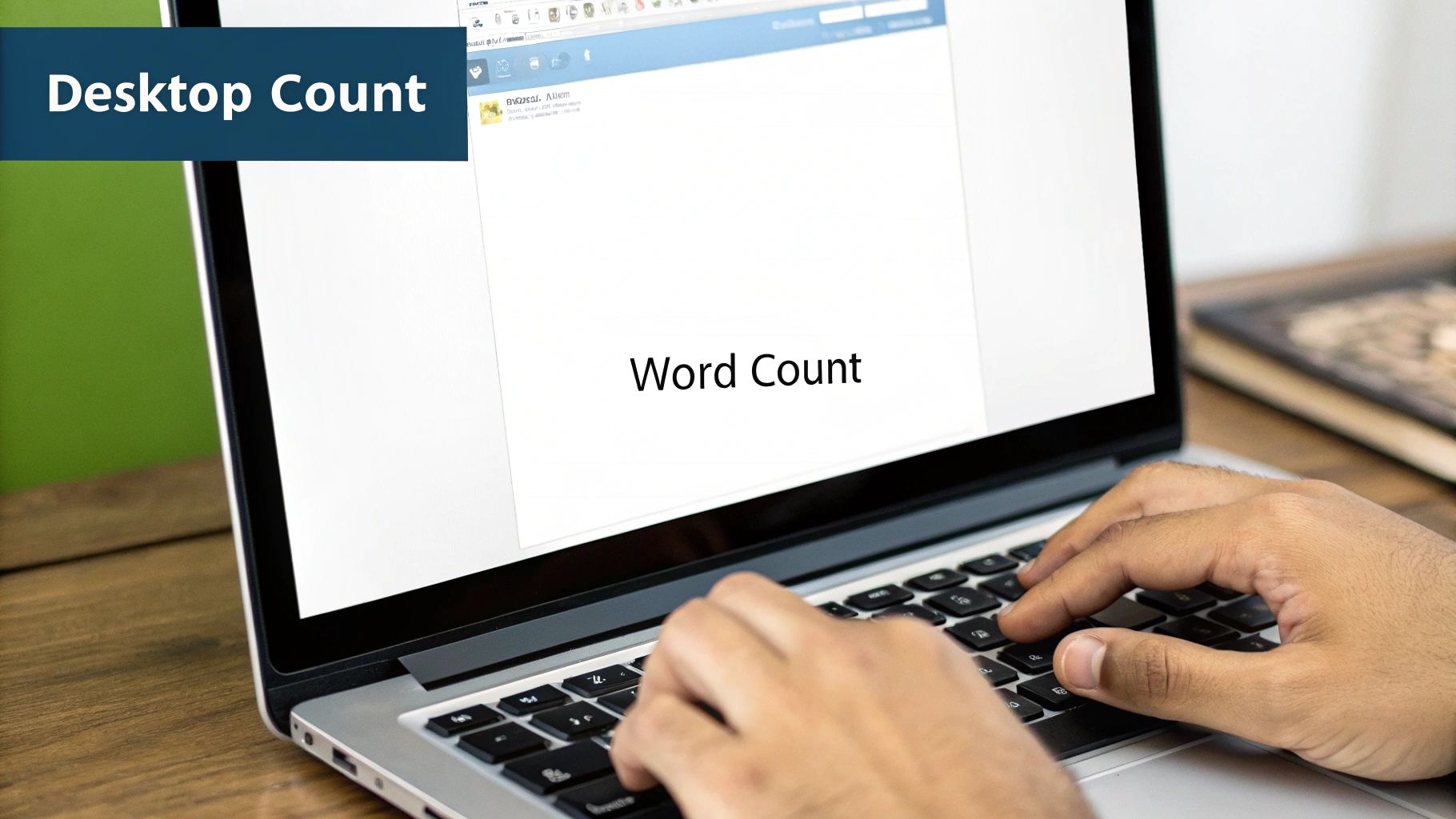 A person is typing on a laptop with 'Word Count' displayed on the screen and 'Desktop Count' in a blue banner.