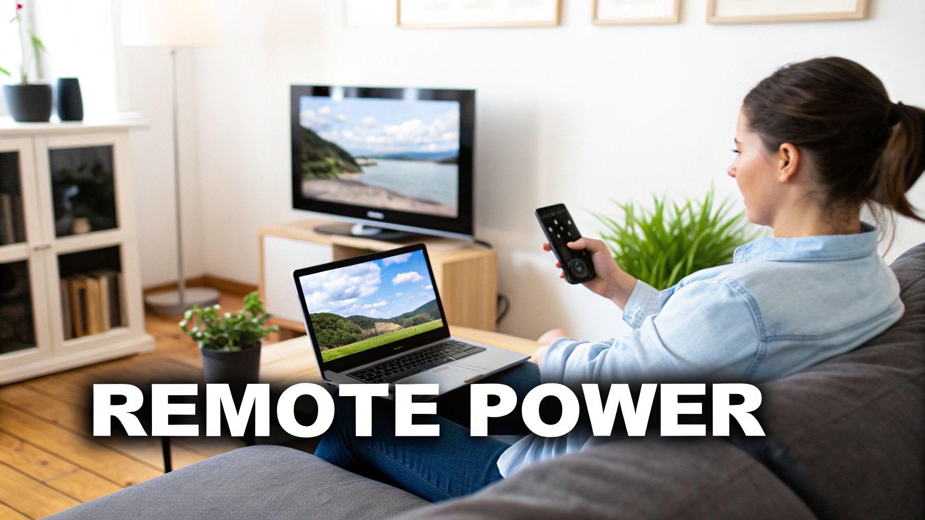 A woman relaxing on a sofa, holding a TV remote control, with a laptop and TV showing natural landscapes.