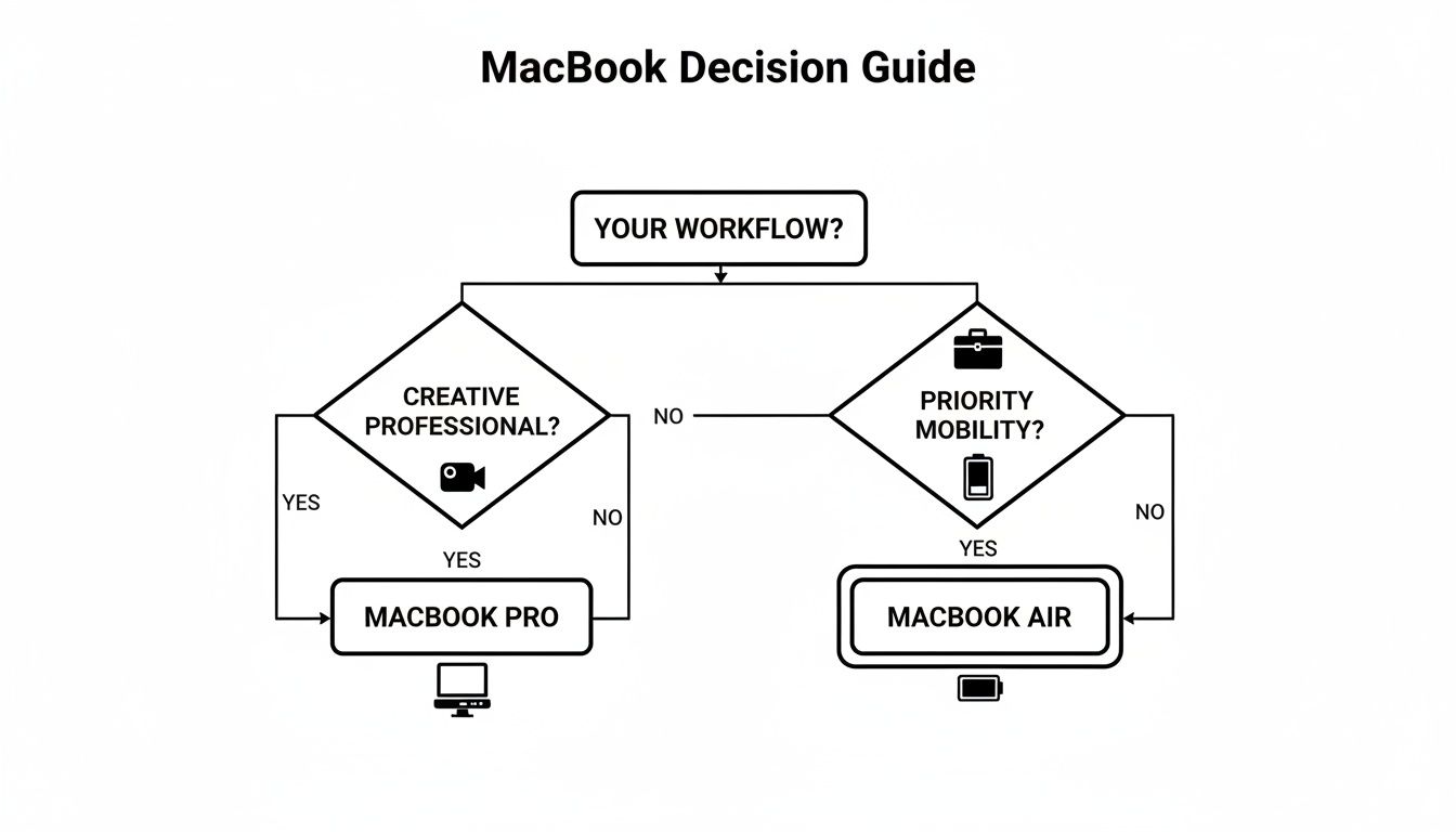 A MacBook decision guide flowchart, assisting users in choosing between MacBook Pro and MacBook Air based on workflow, creative professional needs, and mobility priorities.