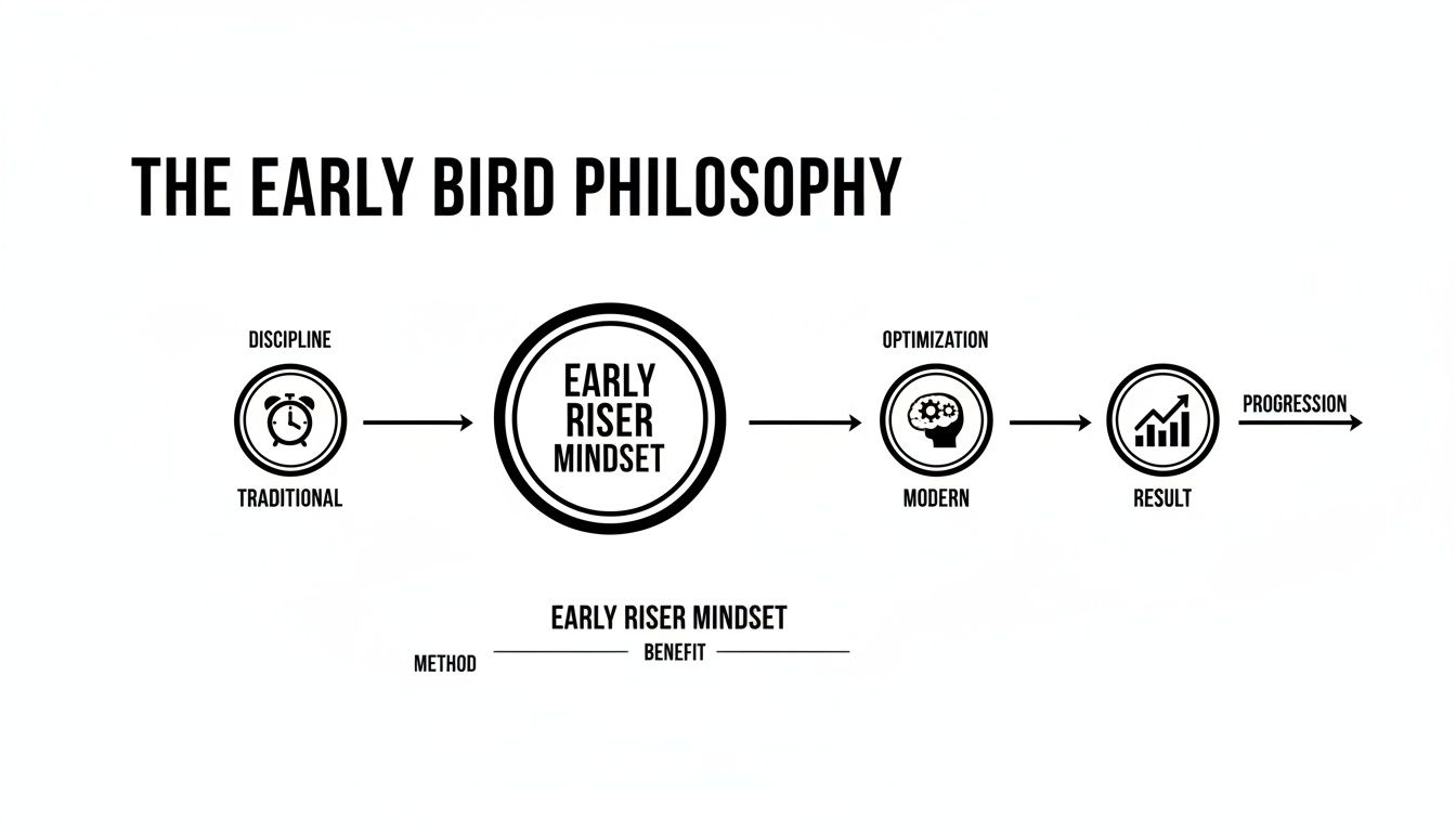 Diagram illustrates 'The Early Bird Philosophy' showing discipline, early riser mindset, optimization, and progression.