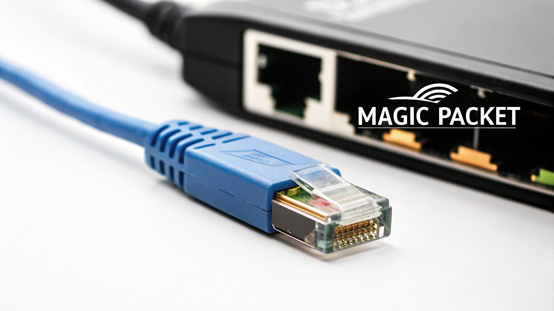 A close-up of a blue Ethernet cable plugged into a black network switch, with the 'MAGIC PACKET' logo.