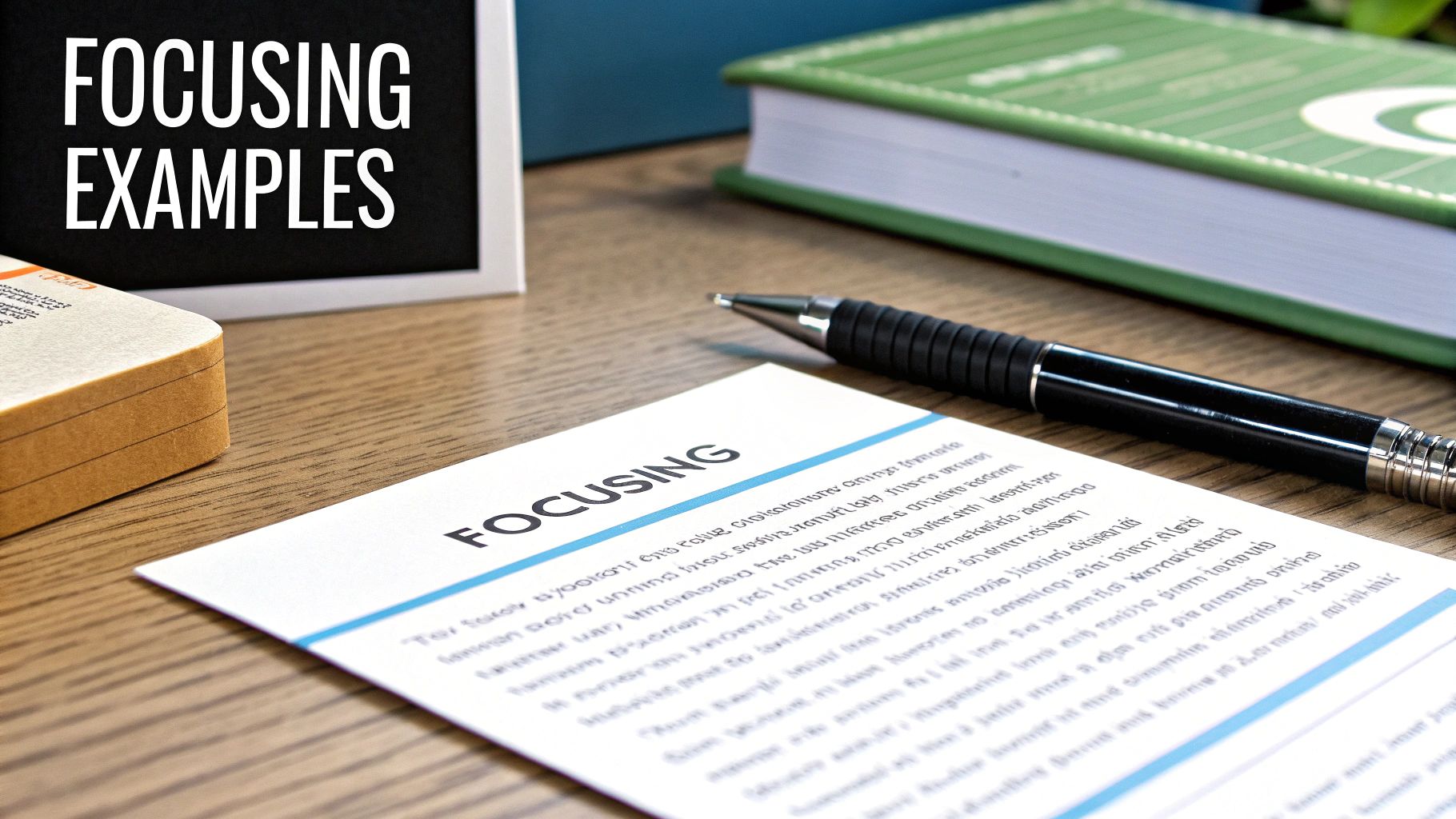 A close-up of a work desk with a sign saying 'FOCUSING EXAMPLES' and a document titled 'FOCUSING'.