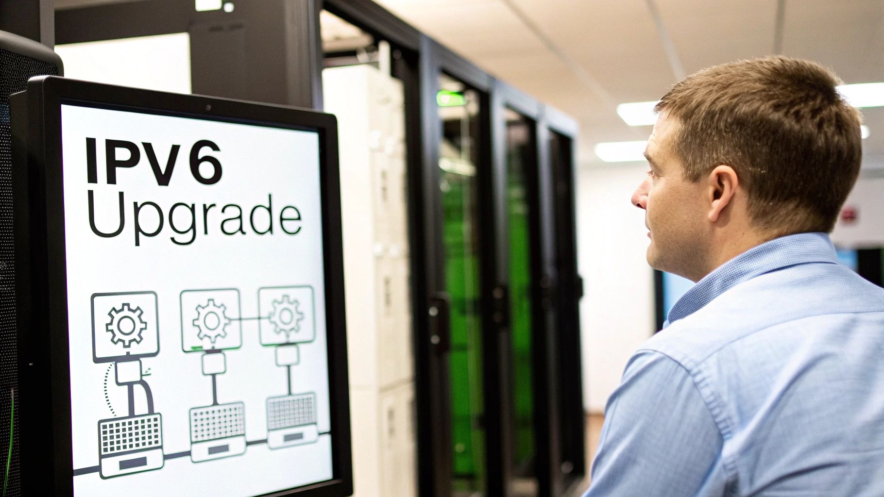 A man in a server room looks at a monitor displaying 'IPv6 Upgrade' with a network diagram.