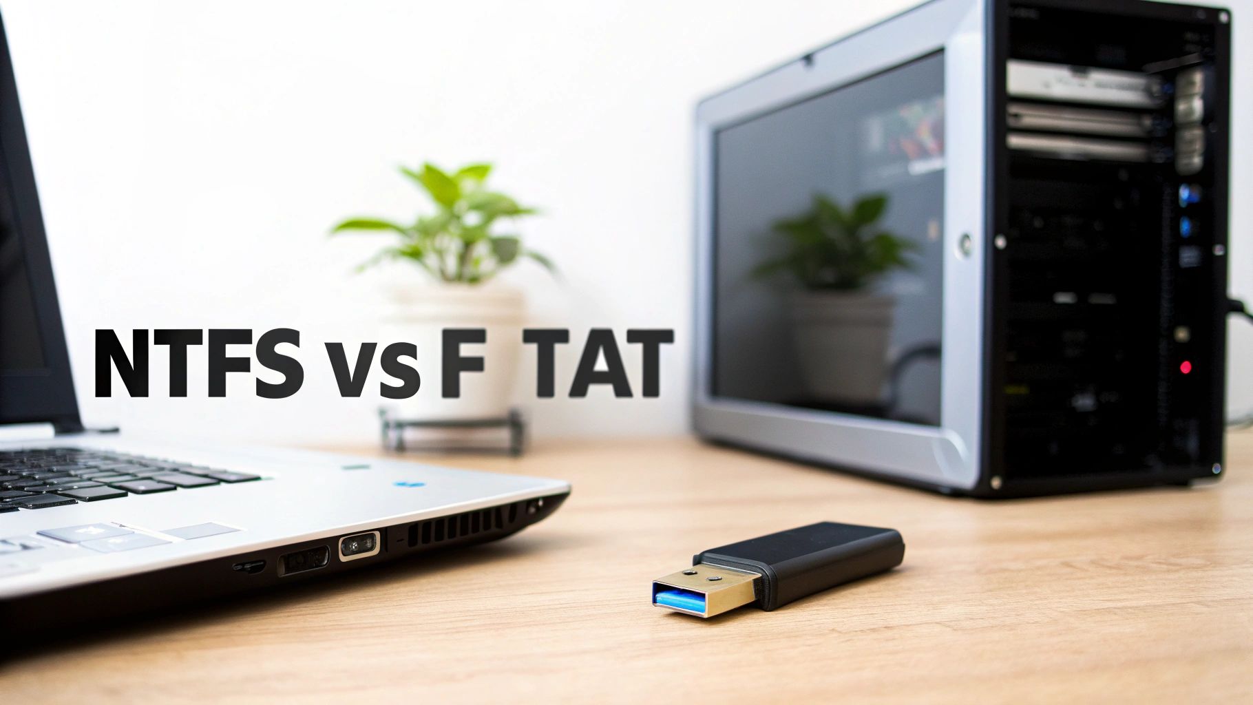 A desk with a laptop, USB drive, and desktop PC, highlighting the comparison of NTFS and exFAT file systems.