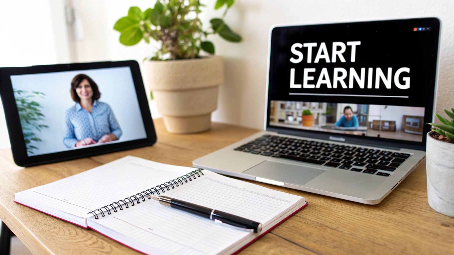 Online learning setup with a tablet, laptop, notebook, pen, and plants on a wooden desk.
