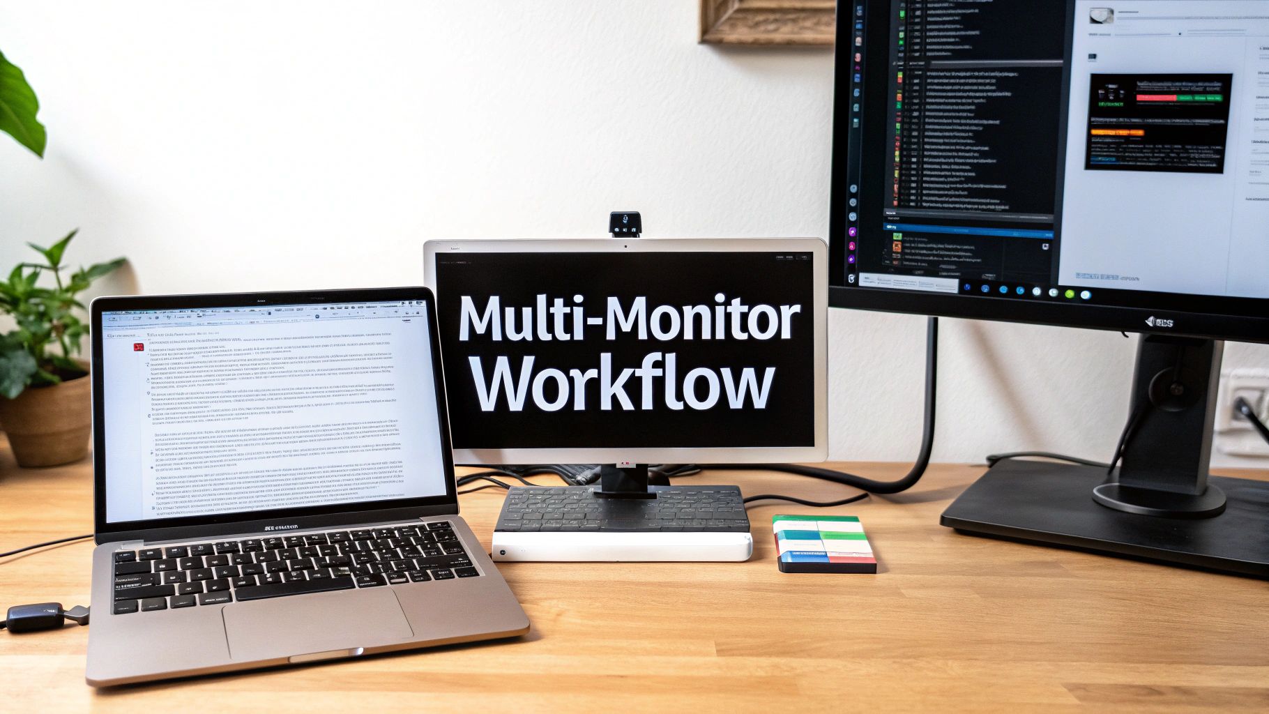 A multi-monitor workflow setup with a laptop, a central display, and a vertical monitor on a wooden desk.