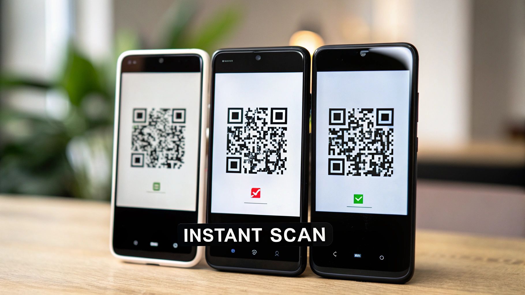 Three smartphones displaying QR codes on screens, two with checkmarks, illustrating instant scanning.