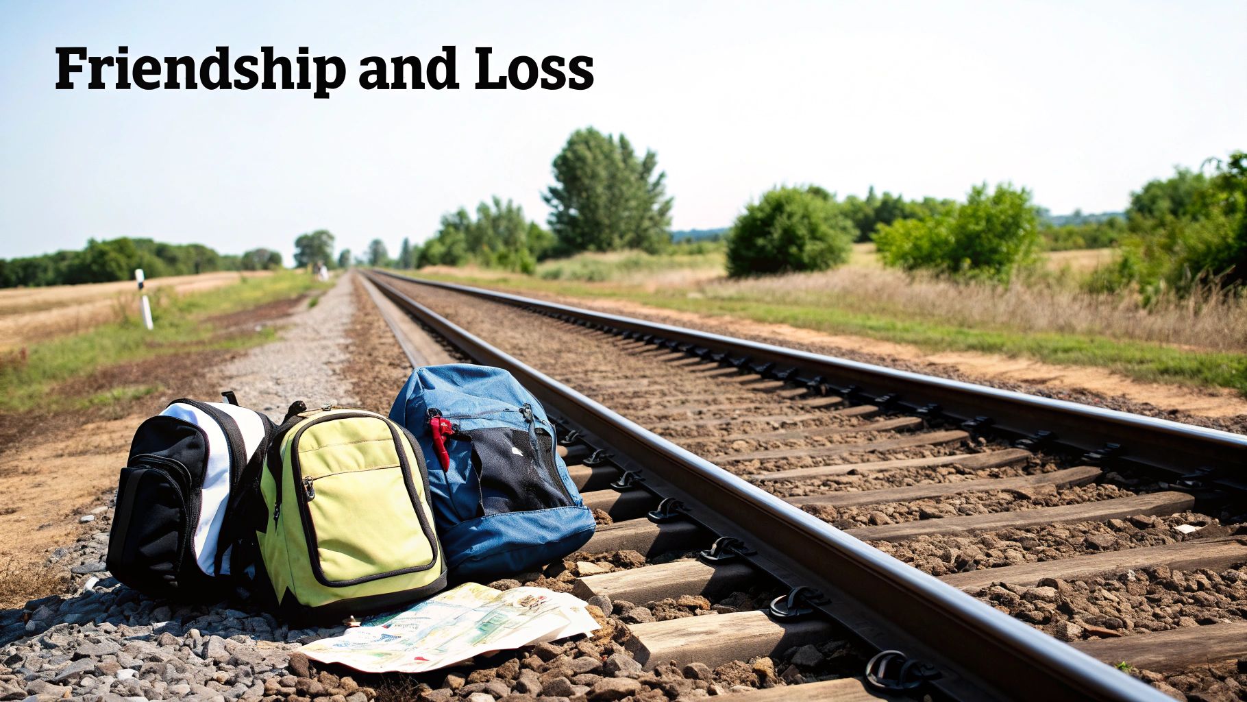 Three colorful backpacks and a map rest beside train tracks under a bright sky with the text 'Friendship and Loss'.