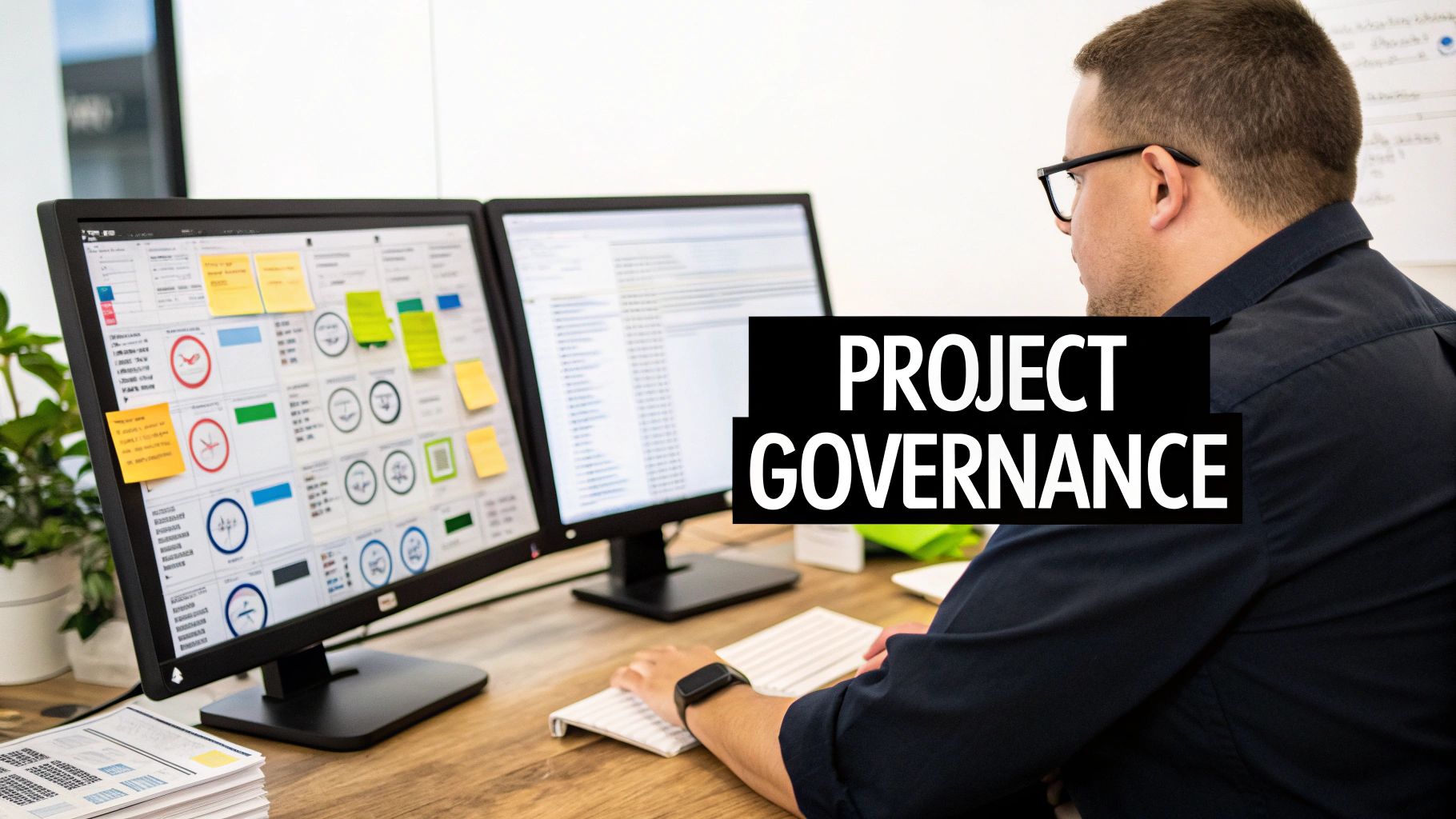 A man in glasses works at a desk, viewing two monitors displaying project governance dashboards with sticky notes.