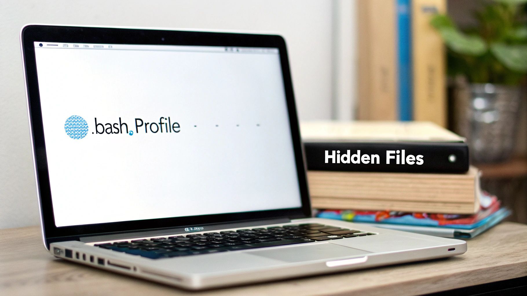 A laptop displaying '.bash_Profile' on its screen, with a stack of books including one titled 'Hidden Files'.