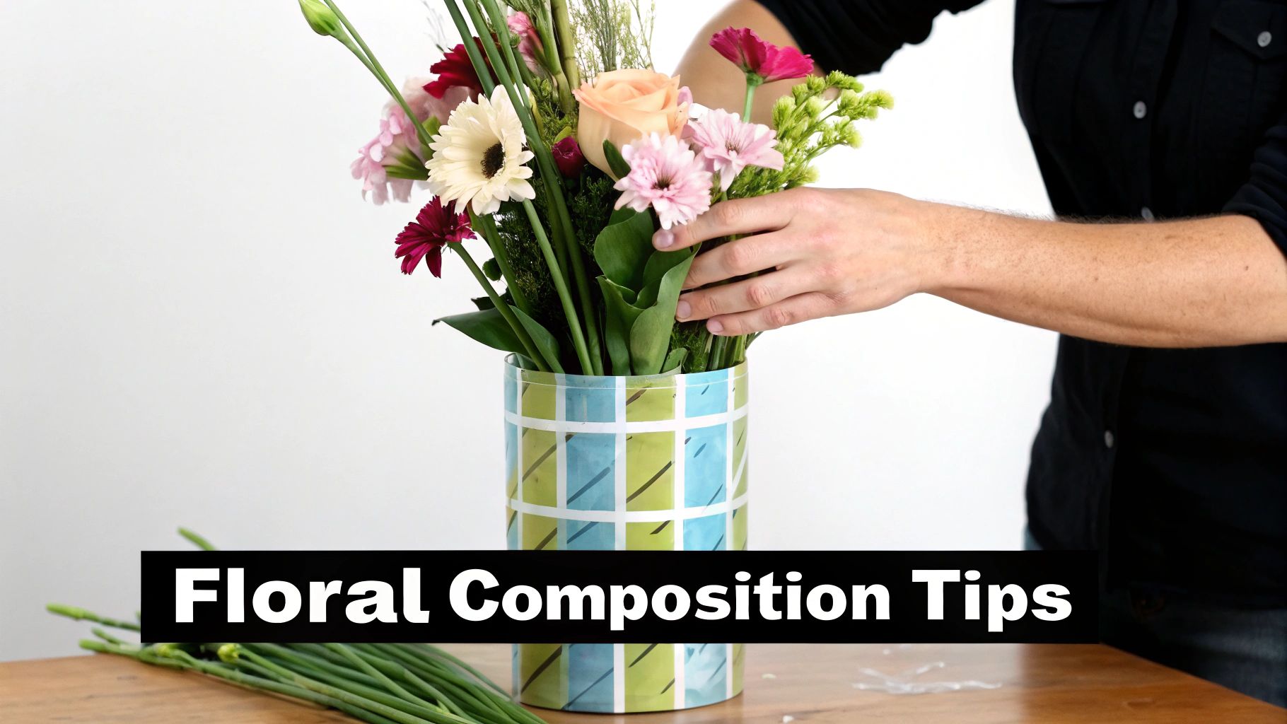 A person's hands arrange a vibrant floral bouquet into a decorative blue and green vase, with 'Floral Composition Tips' overlay.