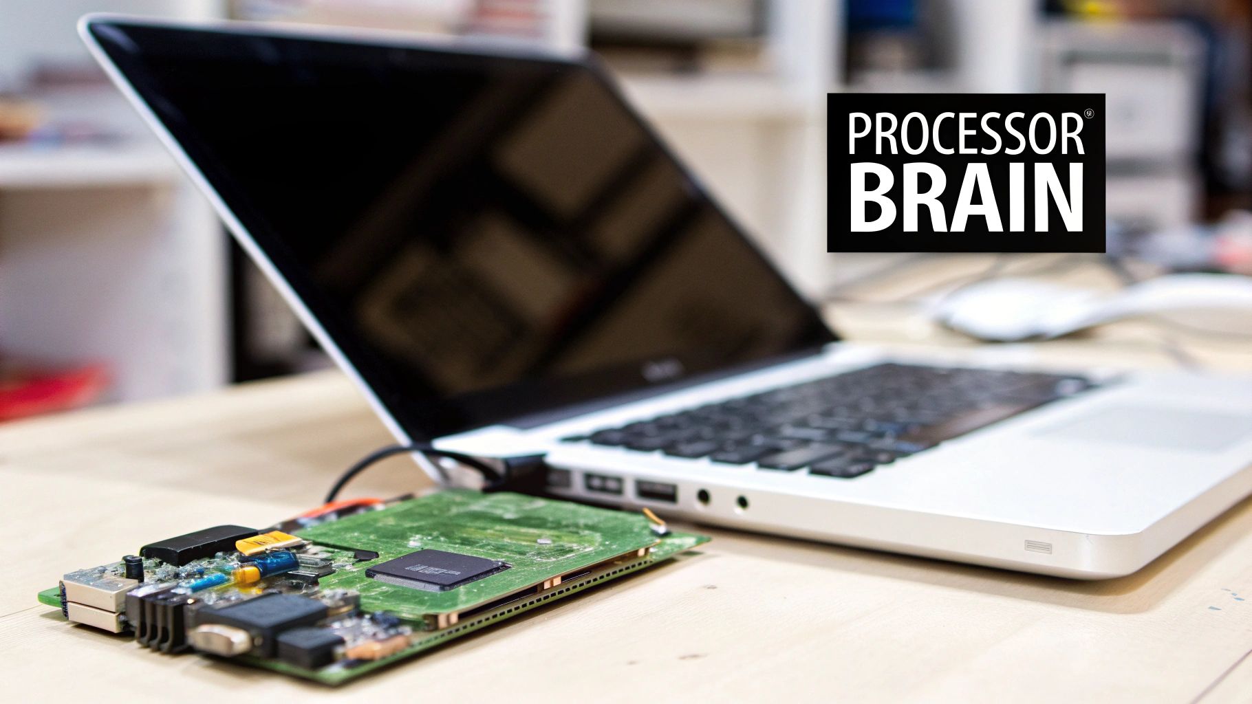 A silver laptop with a green circuit board, cables, and components on a wooden desk, labeled 'PROCESSOR BRAIN'.