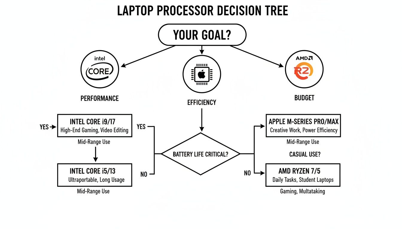 Laptop processor decision tree guiding users to choose Intel, Apple, or AMD based on their goals.