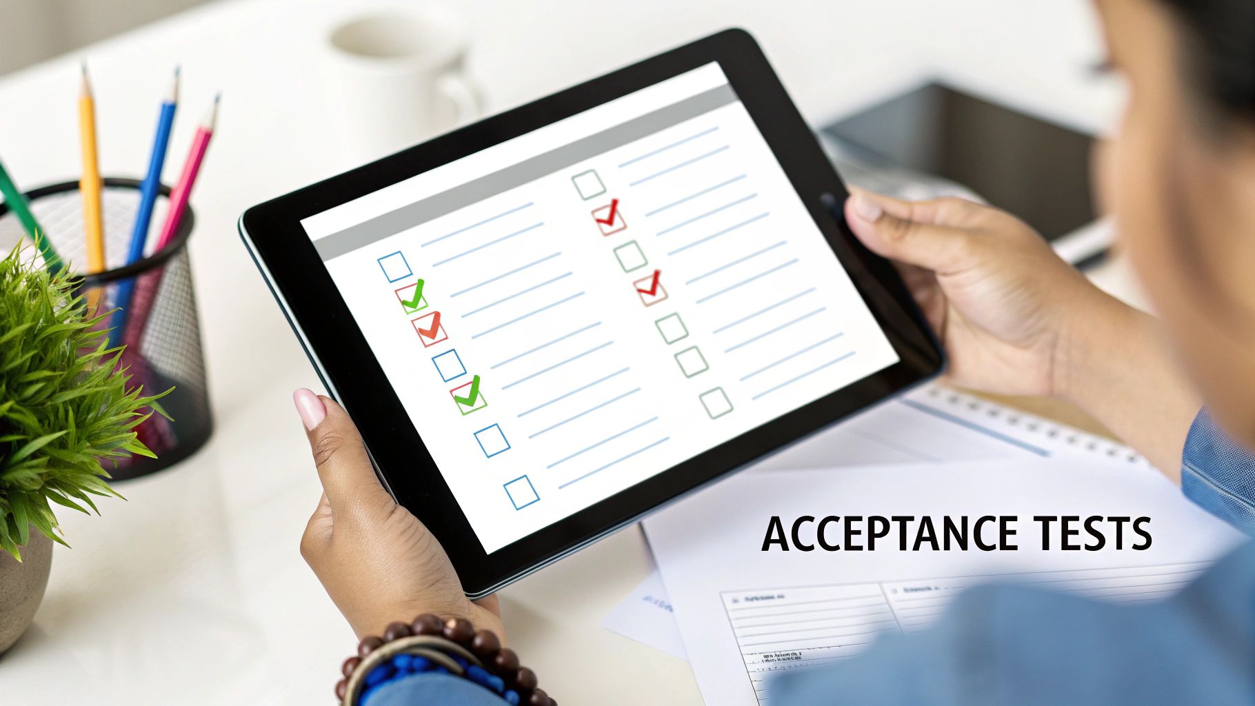A person holds a tablet displaying a checklist with green checkmarks and red X marks, alongside a document titled 'ACCEPTANCE TESTS'.