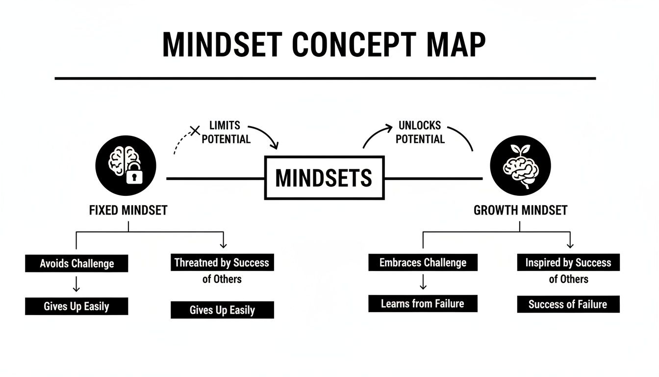 Concept map illustrating the differences between fixed and growth mindsets, and their outcomes.