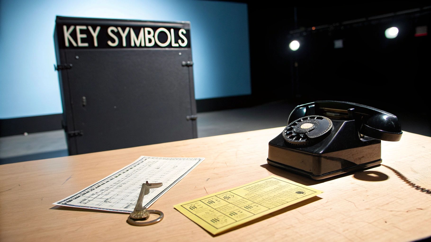 A vintage black rotary phone, old documents, and a 'KEY SYMBOLS' sign on a wooden table.