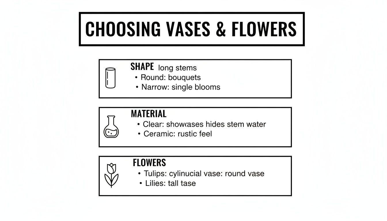 A guide illustrating how to choose vases and flowers based on shape, material, and specific flower types.