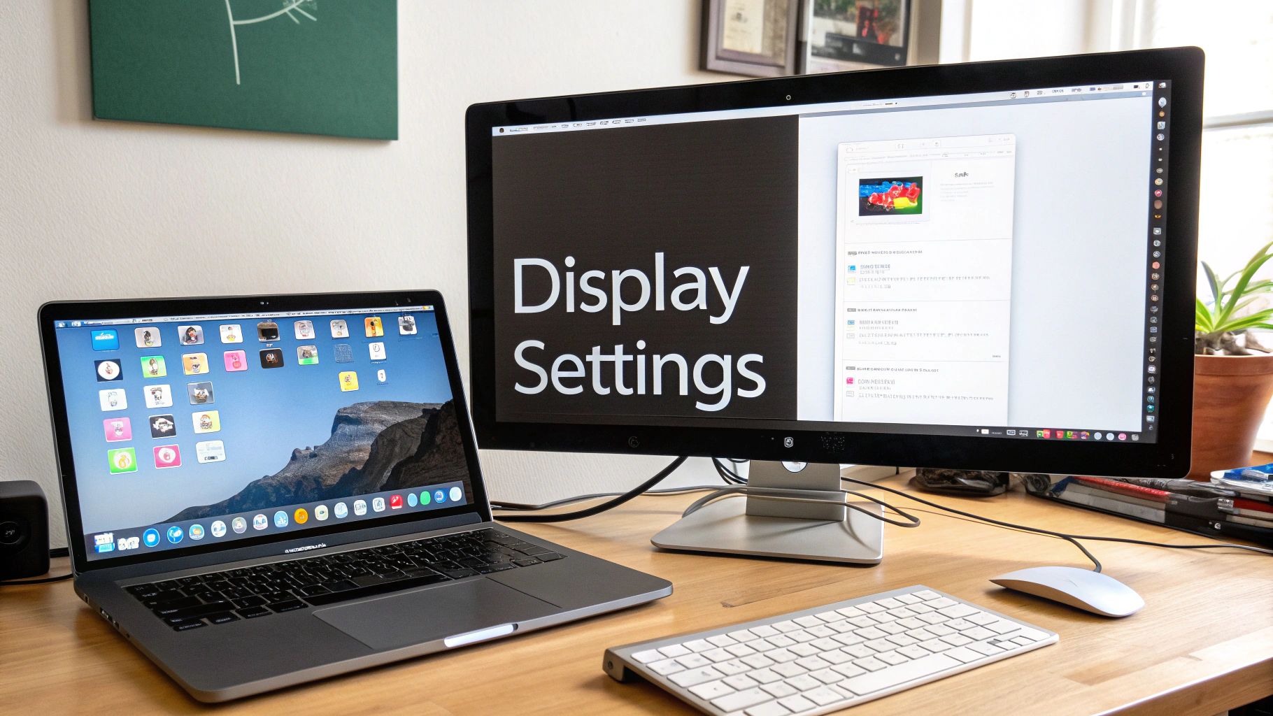 A modern workspace with a laptop connected to a large external monitor displaying display settings.