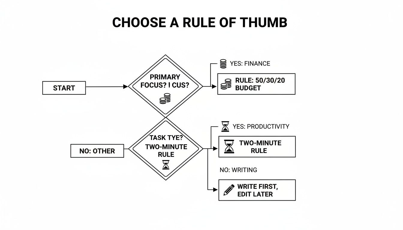 Flowchart guiding the choice of a rule of thumb for finance, productivity, or writing.