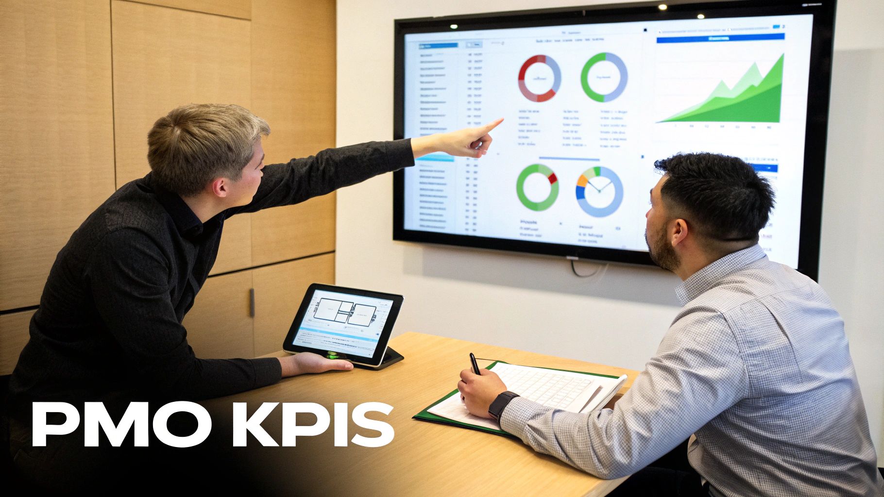 Two business professionals collaborate in an office, analyzing data on a large screen and taking notes.