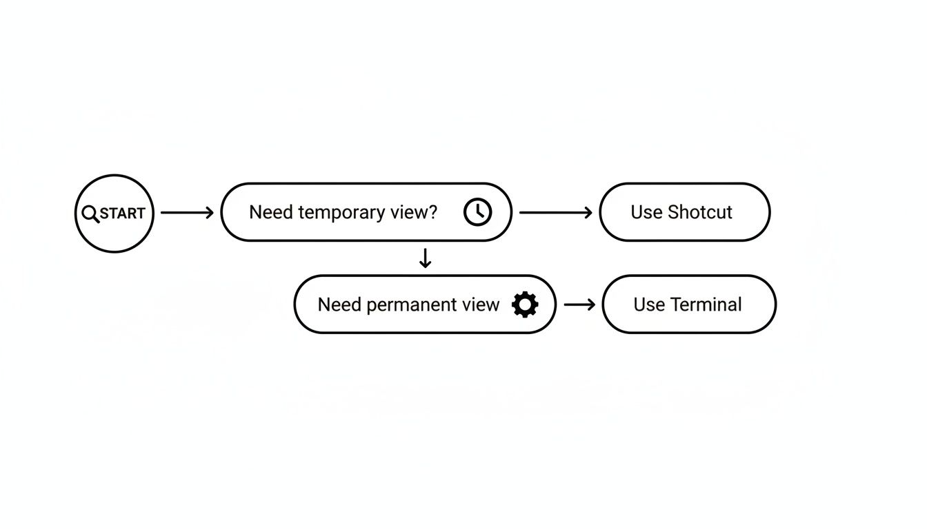 A flowchart detailing decisions for temporary or permanent views, leading to using Shotcut or Terminal.