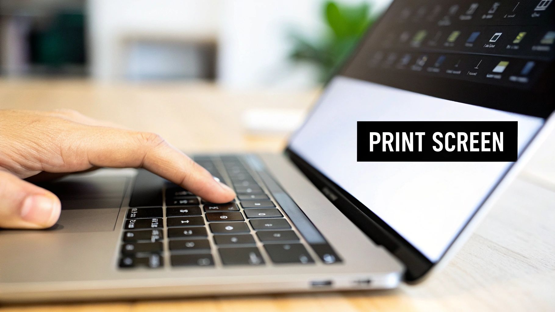 A person's hand presses a key on a silver laptop keyboard, with "PRINT SCREEN" visible on the display.