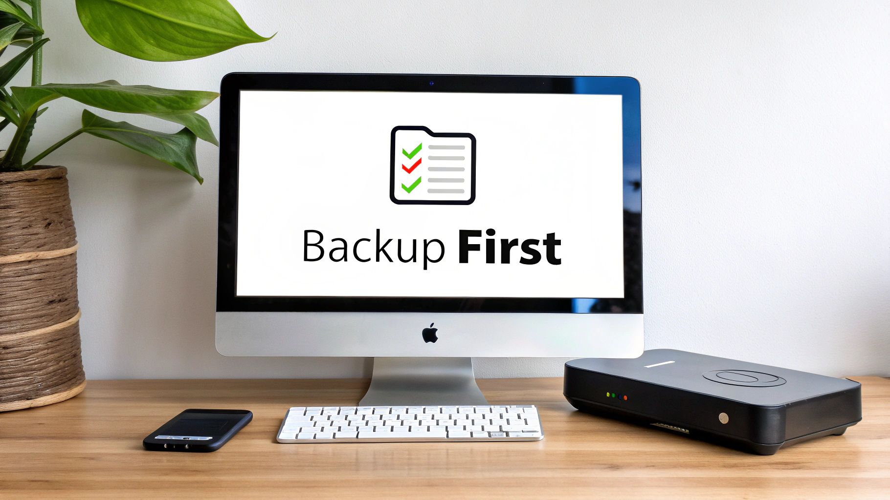 A clean desk setup with an iMac displaying 'Backup First' logo and an external hard drive.