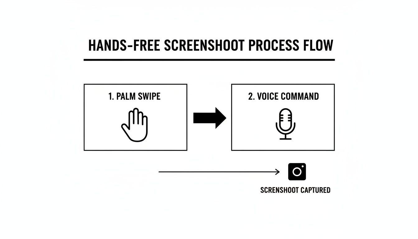 Flowchart illustrating a hands-free screenshot process via palm swipe or voice command, resulting in a captured image.