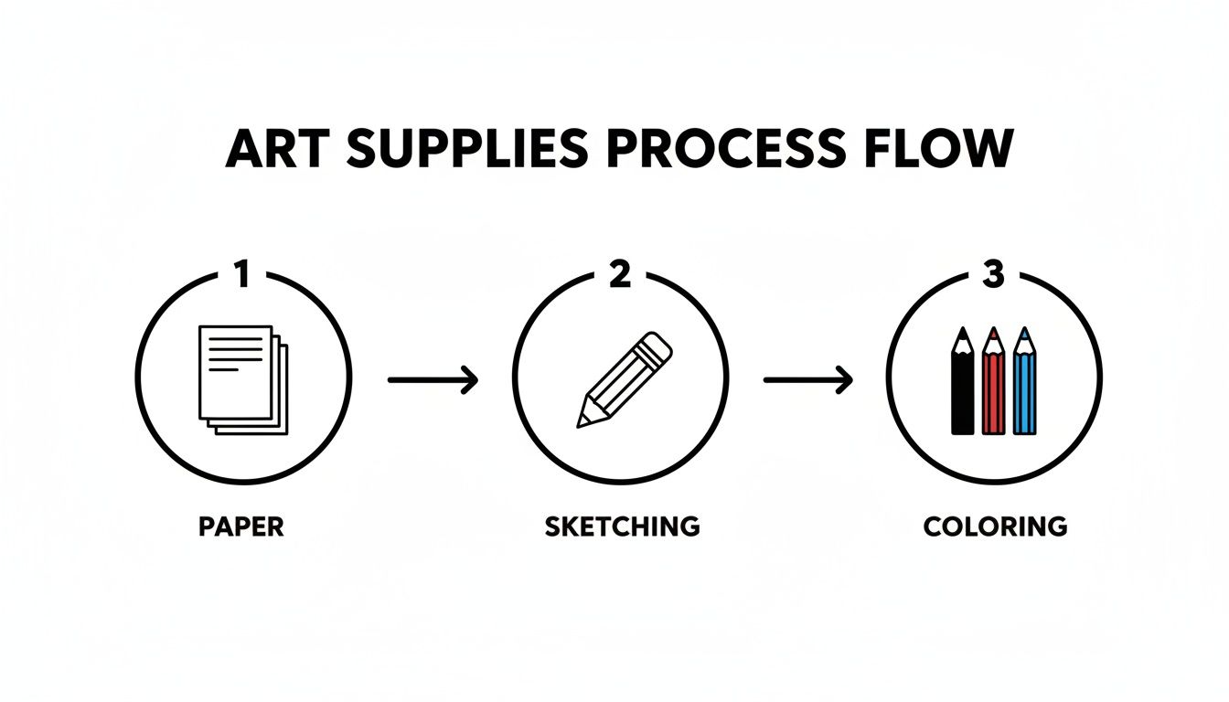 A three-step art supplies process flow showing paper, sketching with a pencil, and coloring with pencils.