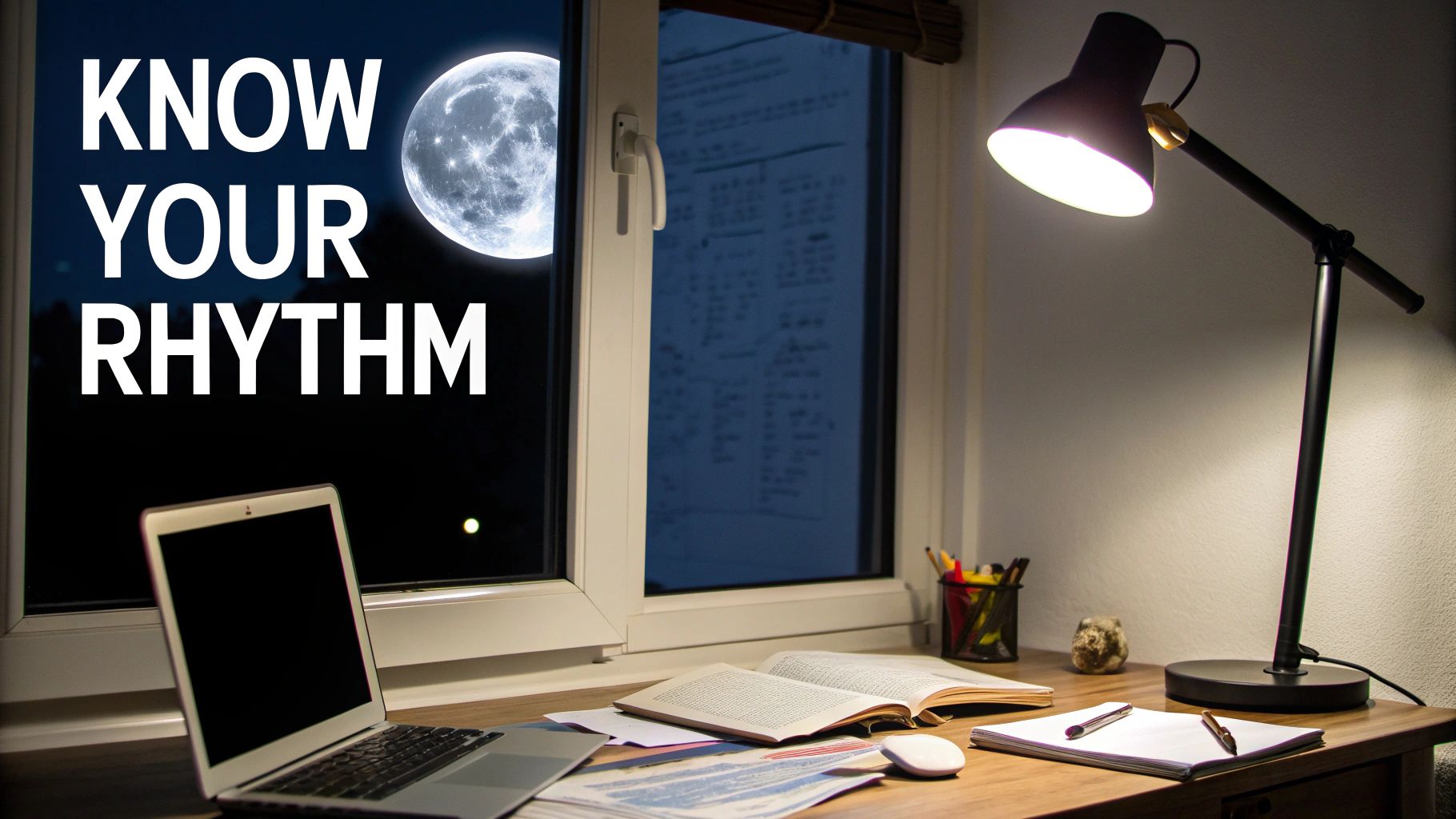 Nighttime desk with laptop, books, glowing lamp, and a full moon outside with 'KNOW YOUR RHYTHM'.