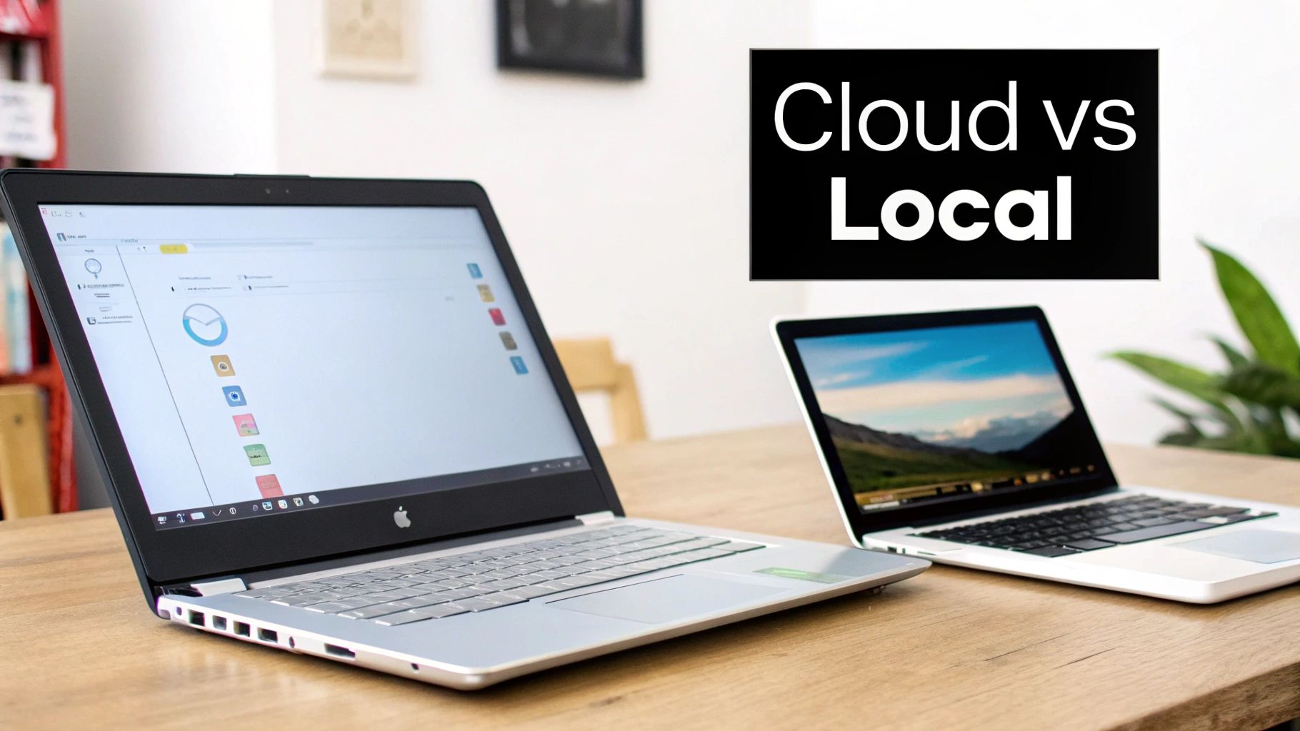 Two laptops on a wooden desk with 'Cloud vs Local' text, illustrating computing options.