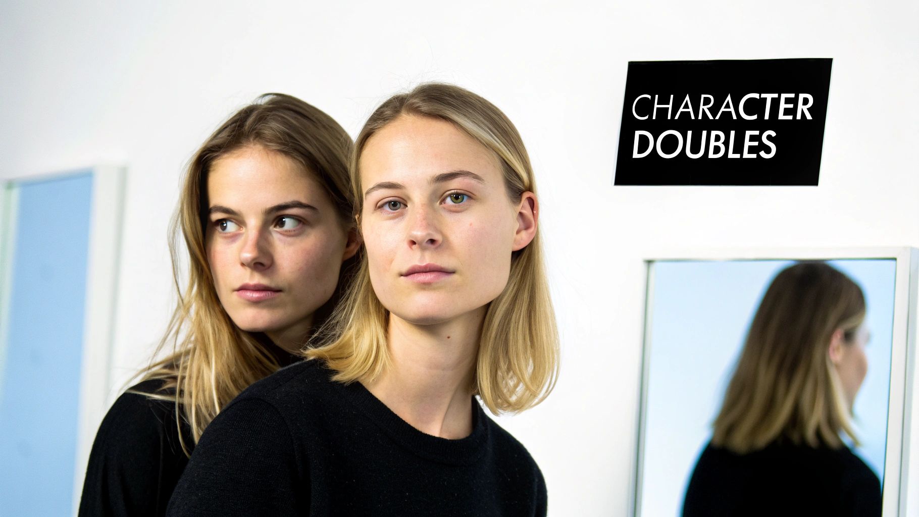 Two young women, one with heterochromia, pose near a 'CHARACTER DOUBLES' sign and mirror.