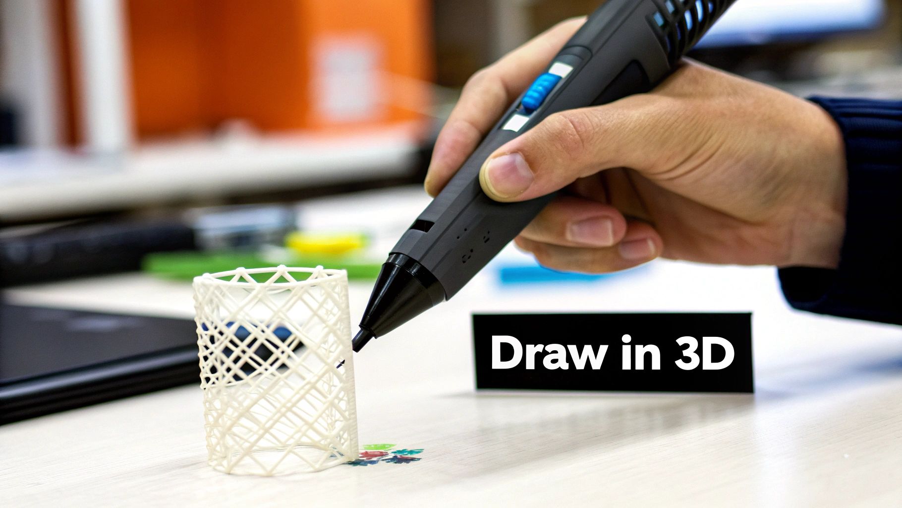 A person uses a 3D pen to create a white lattice structure, with a 'Draw in 3D' sign.