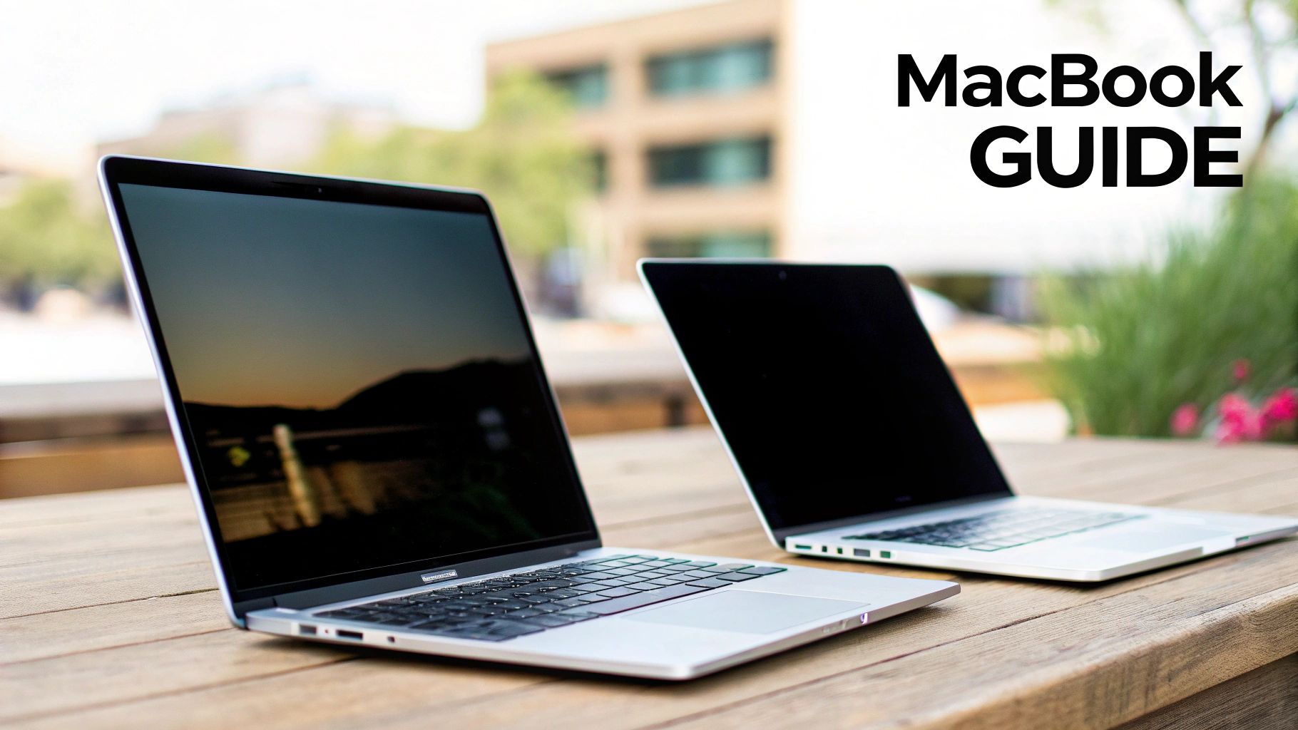 Two silver MacBook laptops on a wooden table outdoors, with 'MacBook GUIDE' text.