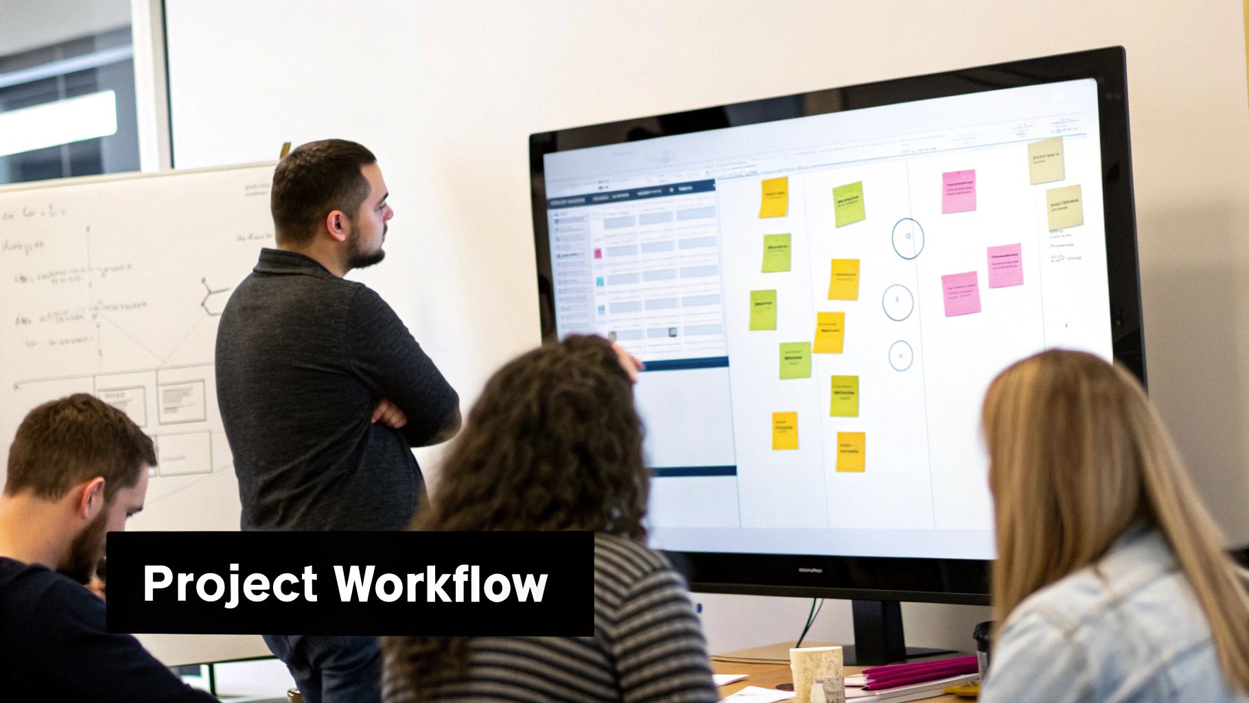 Professionals review a project workflow on a large screen, using digital sticky notes for task management.