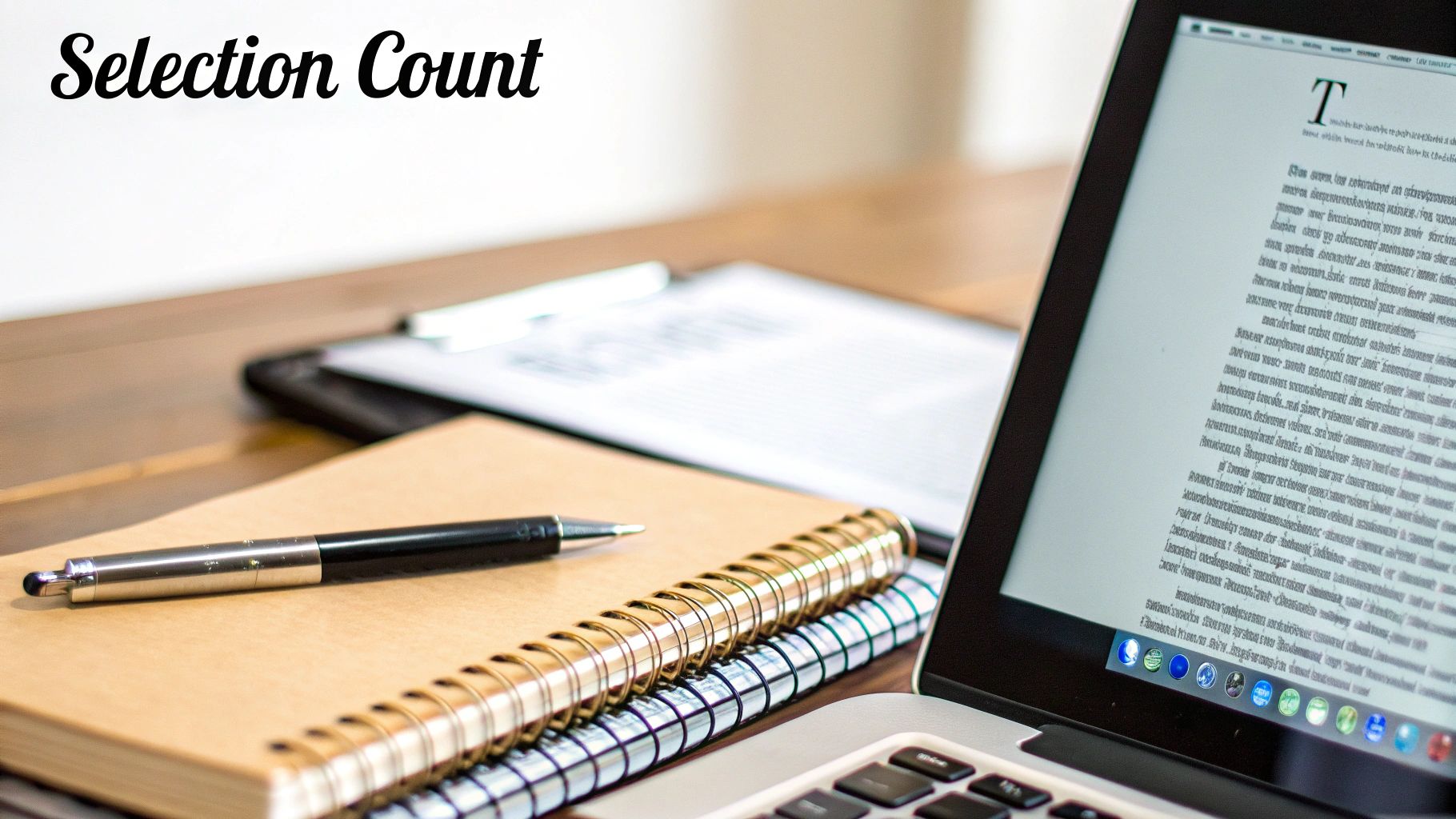 A professional workspace featuring a laptop displaying text, a pen, and notebooks on a wooden desk.